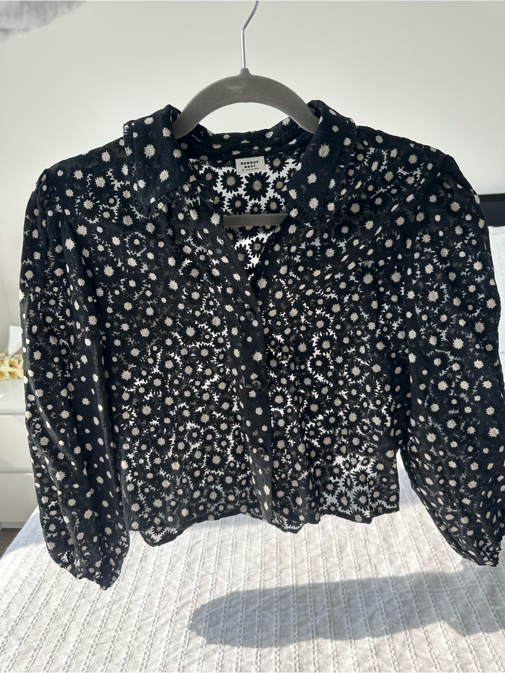 Sunday Best Black & White Floral Eyelash Lace Button Shirt - Picture 2 of 4